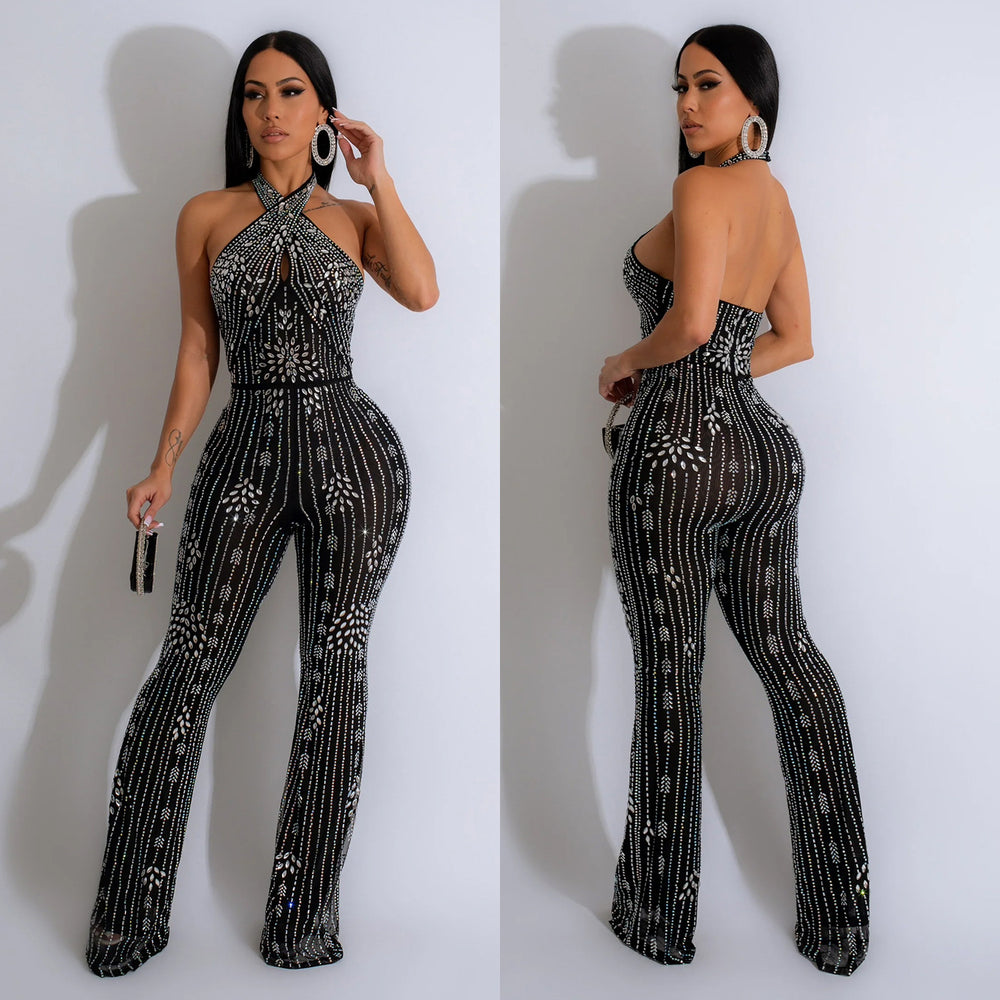 C6867 cross-border   fashion women's solid color rhinestone sleeveless halter neck pants jumpsuit