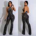 C6867 cross-border   fashion women's solid color rhinestone sleeveless halter neck pants jumpsuit