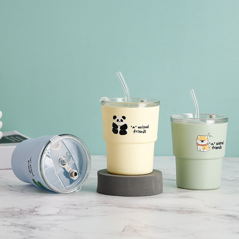 Cartoon double-walled glass straw cup - stylish office water bottle, trendy coffee mug, promotional gift cup