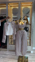 European and american cross-border women's fashion:  summer new collection - striped print long-sleeve shirt, camisole, and pants three-piece set