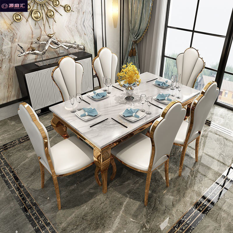 Luxury marble dining table - rectangular, postmodern design, space-saving, stainless steel titanium gold finish, perfect for small apartments