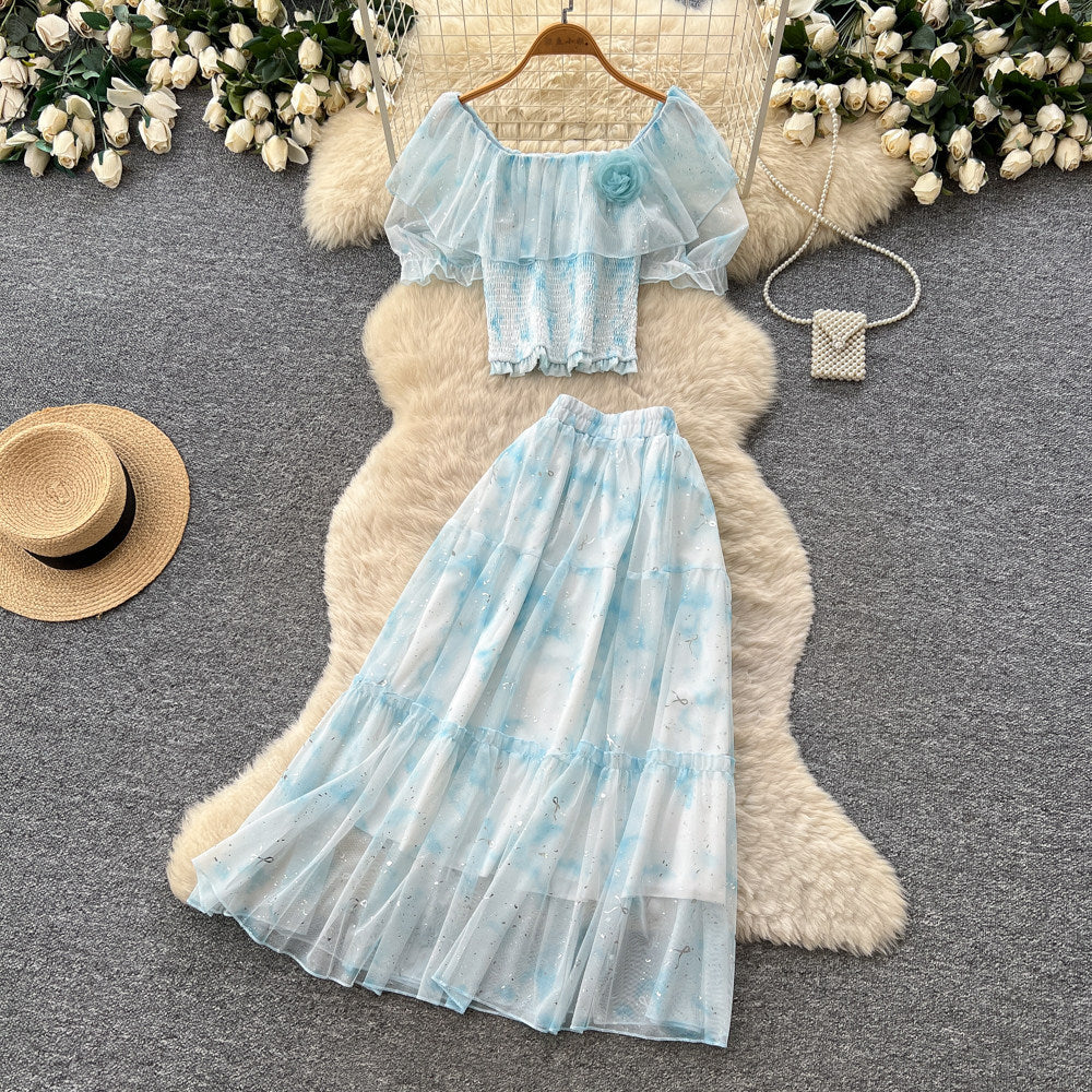 French romantic one-shoulder bubble sleeve floral two-piece set - women's summer high-waisted mesh cake skirt elegant outfit