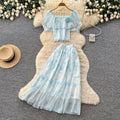 French romantic one-shoulder bubble sleeve floral two-piece set - women's summer high-waisted mesh cake skirt elegant outfit