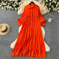 Vintage-inspired casual dress for women - spring  collection: pleated lantern sleeve, relaxed fit, single-breasted shirt dress