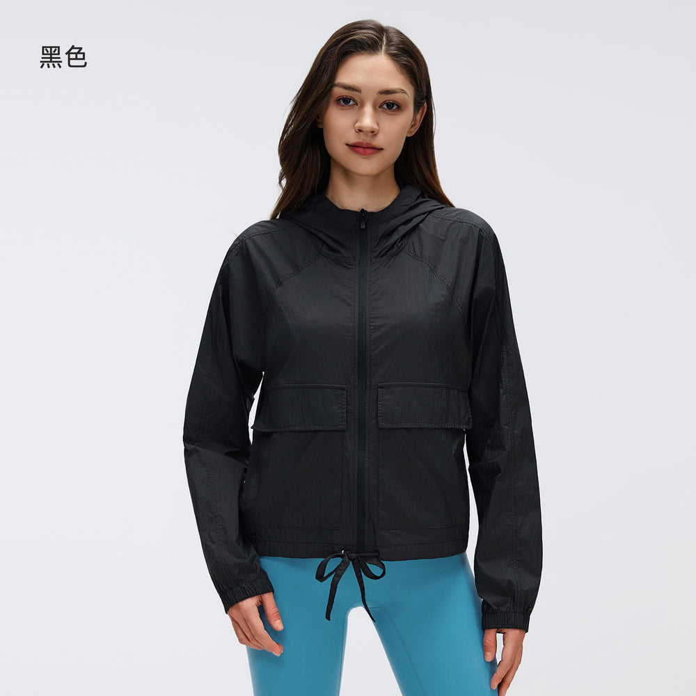 Outdoor lightweight sun protection hooded top, water-resistant cardigan, long sleeve breathable loose fit sports jacket for women d26006