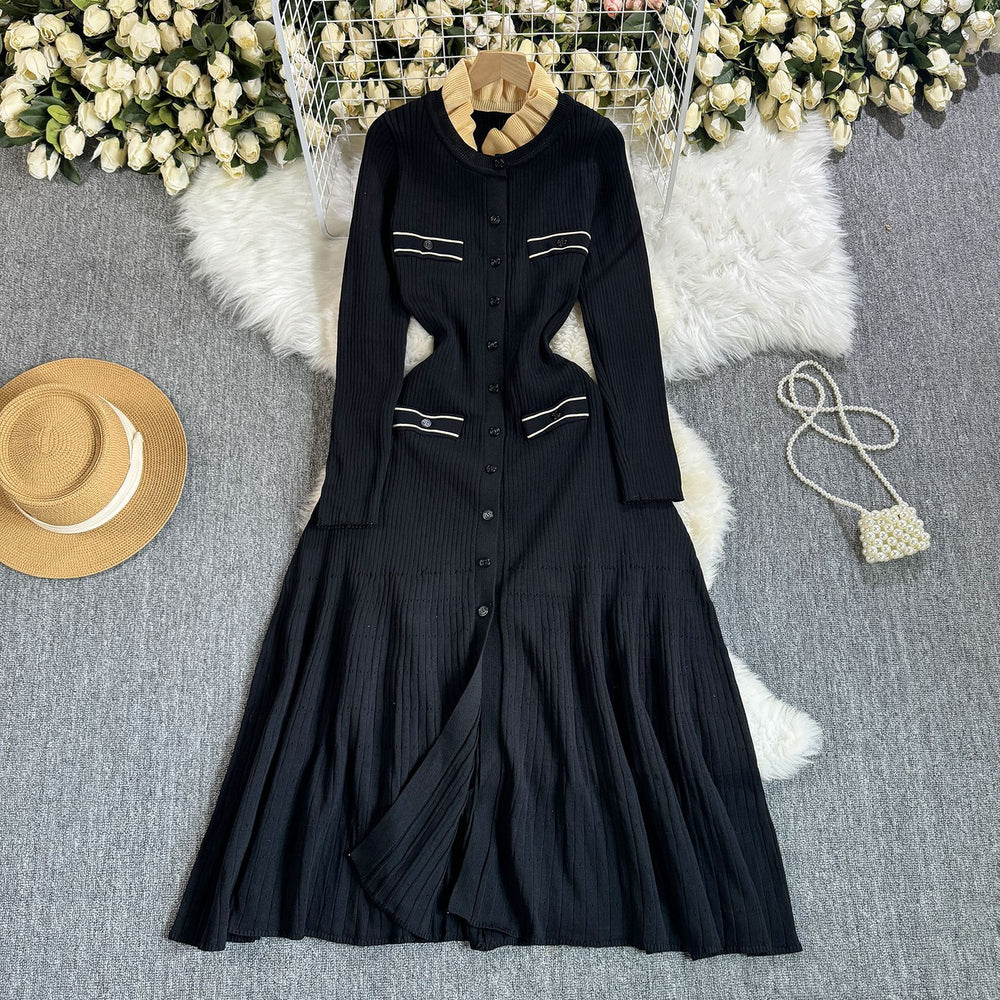 Exportfall and winterfrenchelegancecontrast colorlace collarlong sleeveselegant silmslimming lookblacklongknittingdress