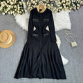 Exportfall and winterfrenchelegancecontrast colorlace collarlong sleeveselegant silmslimming lookblacklongknittingdress