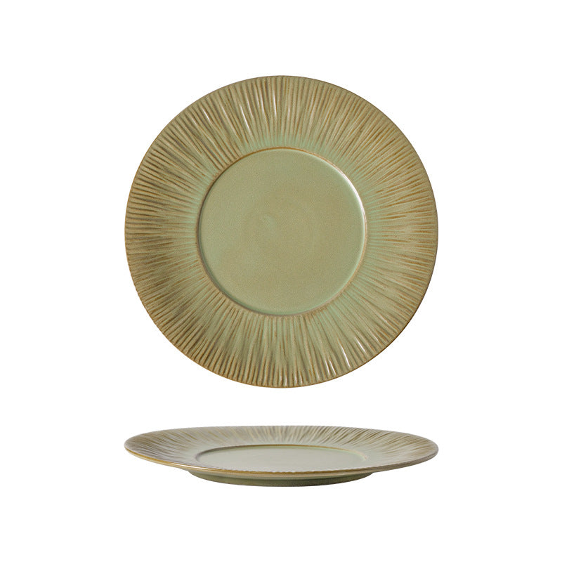 Embossed irregular ceramic steak plate - stylish, high-value, retro striped dinnerware for restaurants and hotels