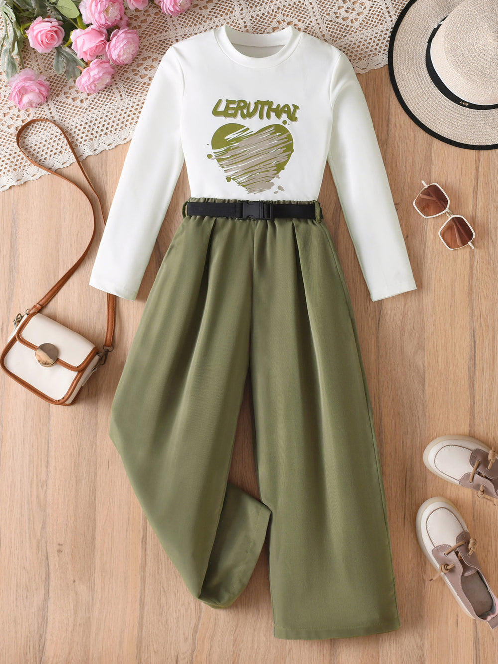 girls' two-piece set: military green cargo pants with a straight leg, and a long-sleeved autumn outfit for kids featuring a heart and letter print