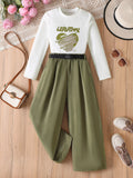 girls' two-piece set: military green cargo pants with a straight leg, and a long-sleeved autumn outfit for kids featuring a heart and letter print