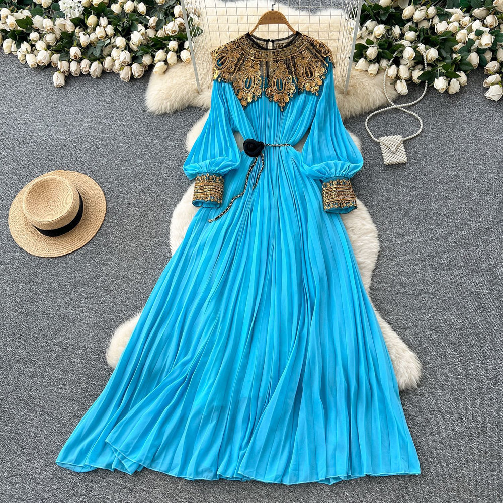 Frenchclassyelegance heavy industry embroidered beads sequin patchwork lantern sleeves straps waist pleated dress women's long skirt