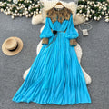 Frenchclassyelegance heavy industry embroidered beads sequin patchwork lantern sleeves straps waist pleated dress women's long skirt