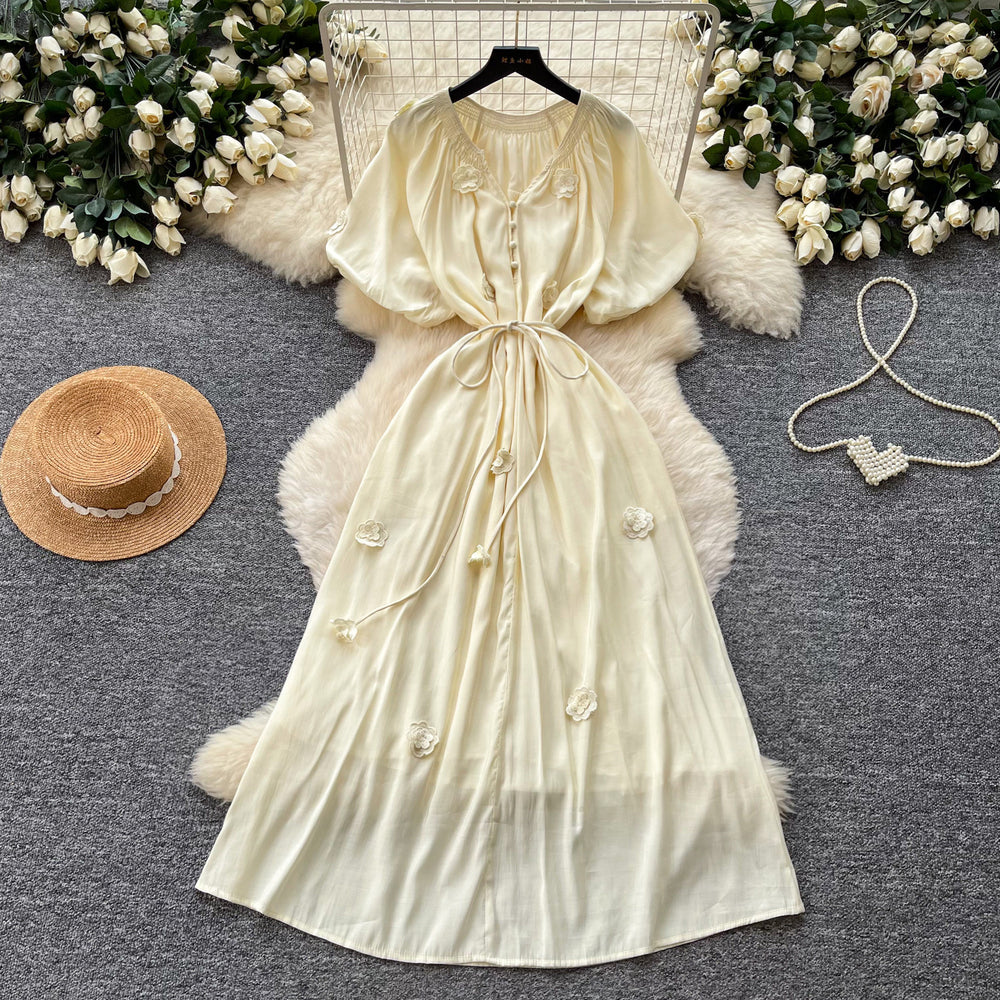 K-style small flying sleeves a-line short-sleeved dress women's  summer waist tie back long skirt niche stylesense of designwork clothing