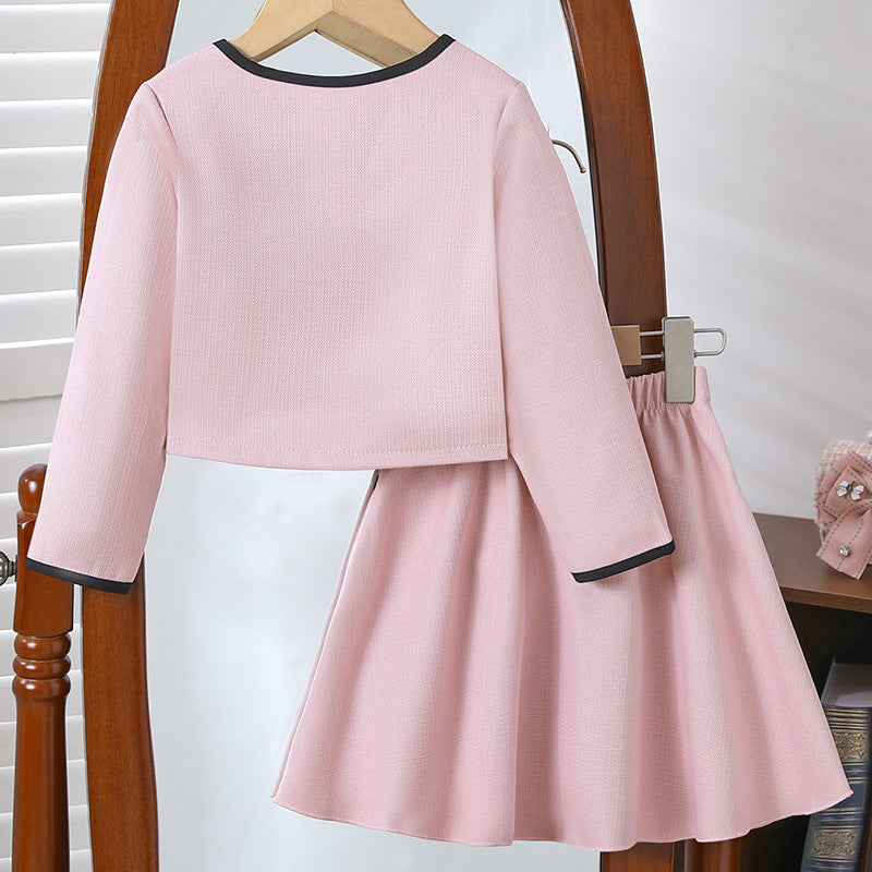 autumn/winter girls' chanel-inspired outfit: pink and white bowknot round neck jacket & mini skirt two-piece set