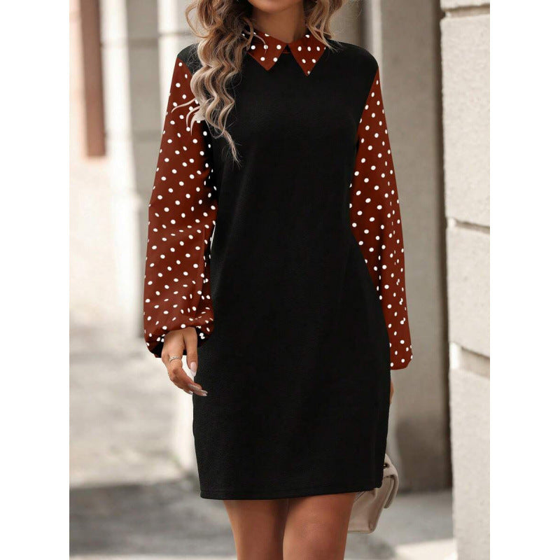 fashion  autumn new arrival polo collar polka dot printing lantern sleeve elegantshortdress
