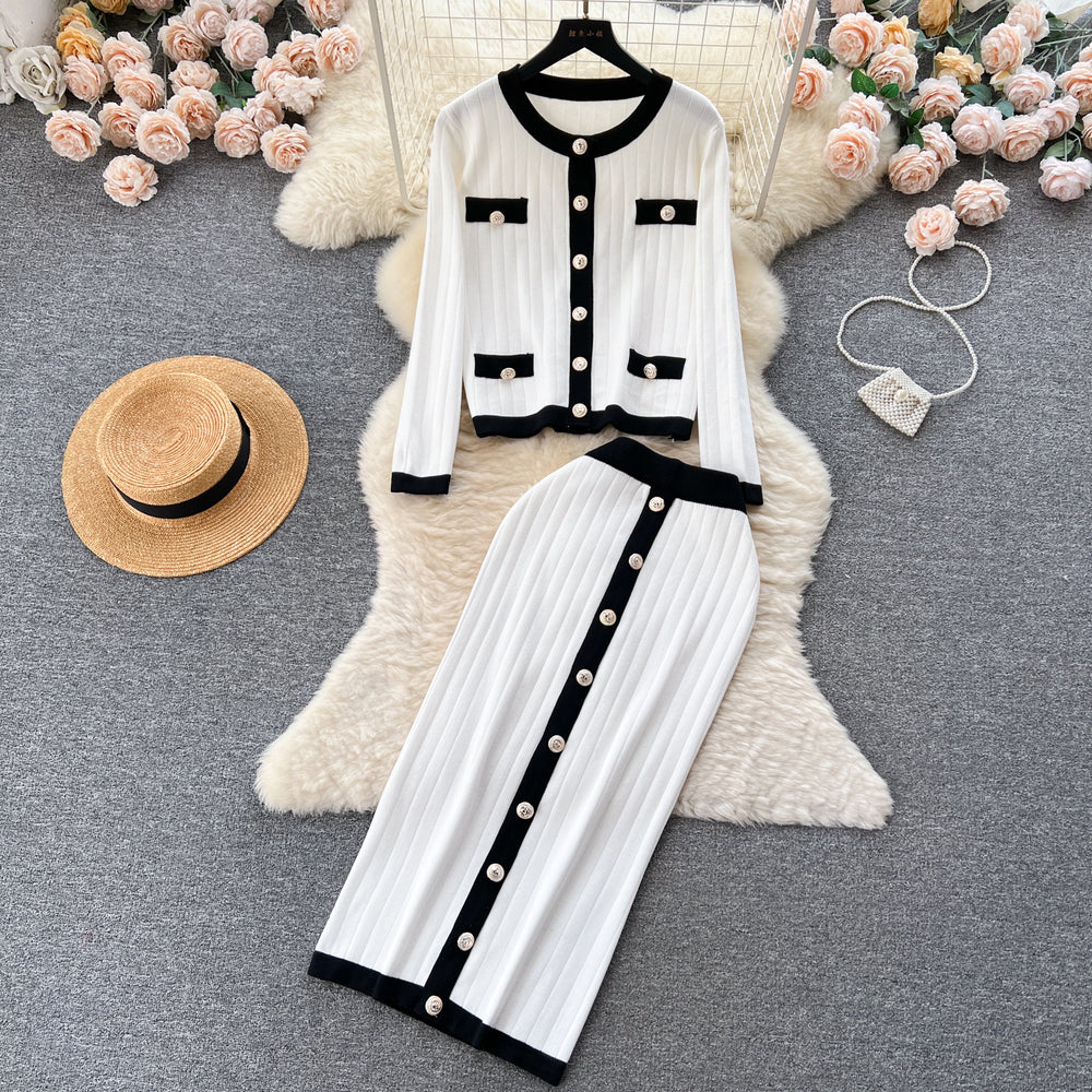 Xiaoxiangfeng round neck metal buckle knitting shirt for women new arrivalsweater tight hip skirt fall and wintertwo-piece set