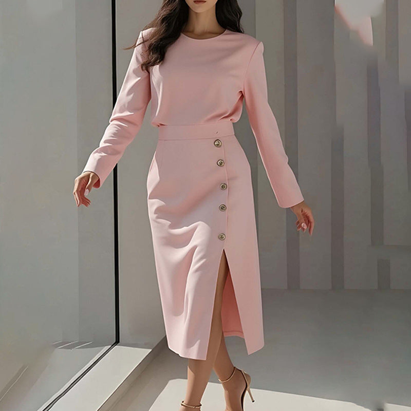 cross-border e-commerce european and american women's clothing: new summer collection - solid color button-down slit round neck bodycon maxi dress
