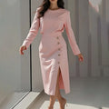 cross-border e-commerce european and american women's clothing: new summer collection - solid color button-down slit round neck bodycon maxi dress