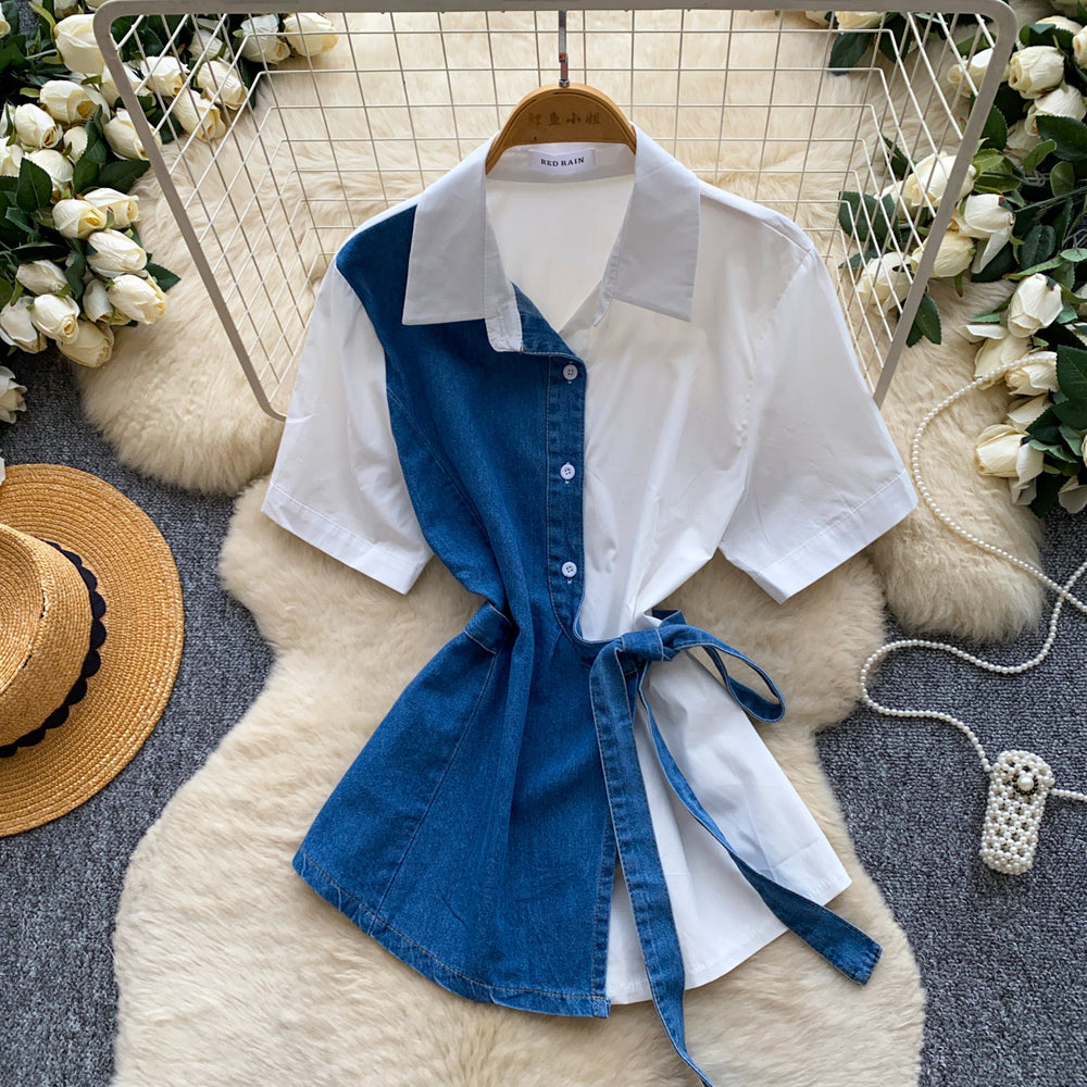 K-stylepatchworkcomfortable breathable waist-cinching denim shirt for women, light and mature style, tie backslimming look, easiest for match style tops