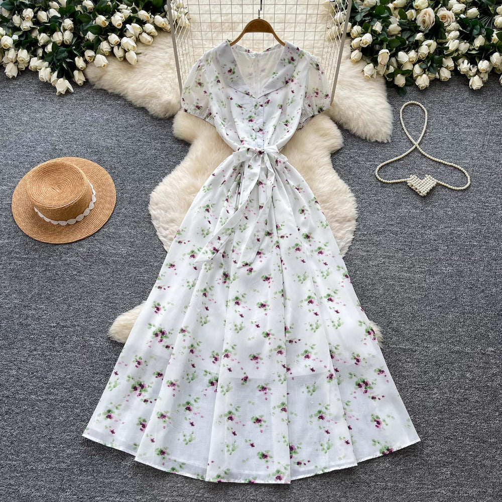 French floral v-neck ruched dress - women's summer short sleeve slim fit elegant vacation maxi dress