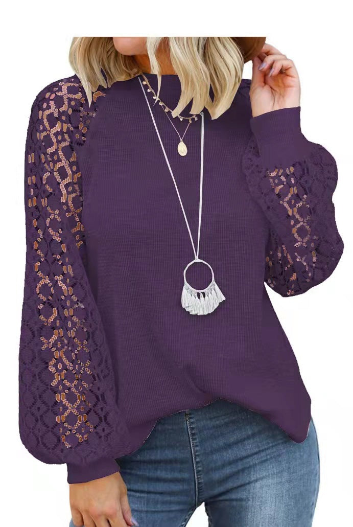 new cross-border  autumn/winter round neck long sleeve lace patchwork loose top for women