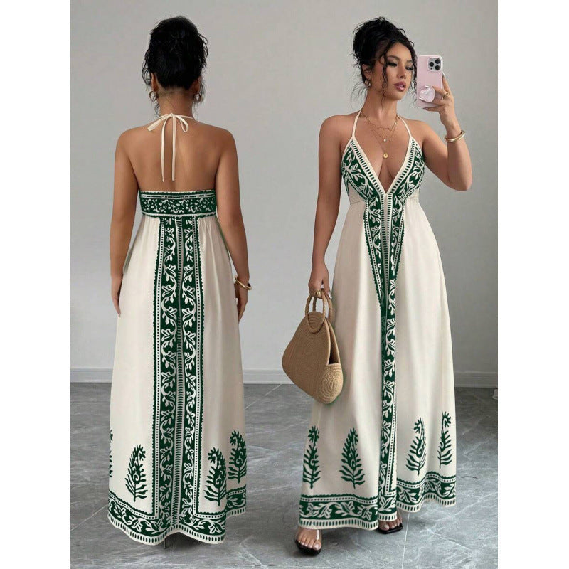 Amazon bohemian chic beach vacation print v-neck backless maxi slip dress