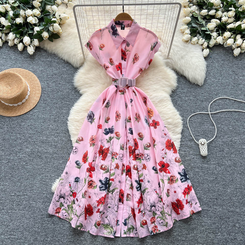 French fashion polo collar short sleeve waist dress women's summer classy slimming lookelegant large swing printing long skirt