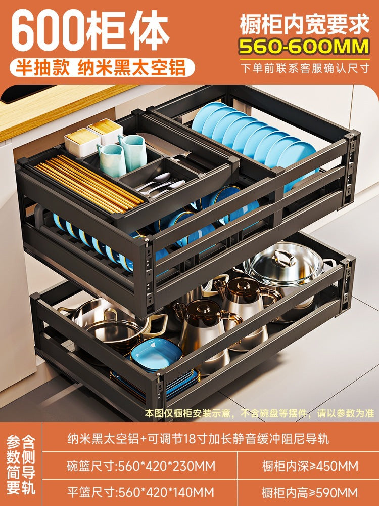 Pull Basket Kitchen Cabinet 304 Stainless Steel Double Layer Bowl Basket Drawer Type Seasoning Storage Dishes and Dishes Built-in Bowl Rack