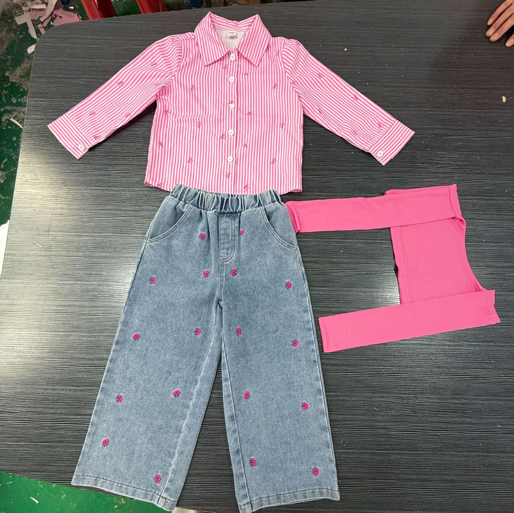 new autumn cross-border girls' collared shirt with color block shawl + embroidered bow denim jeans three-piece set