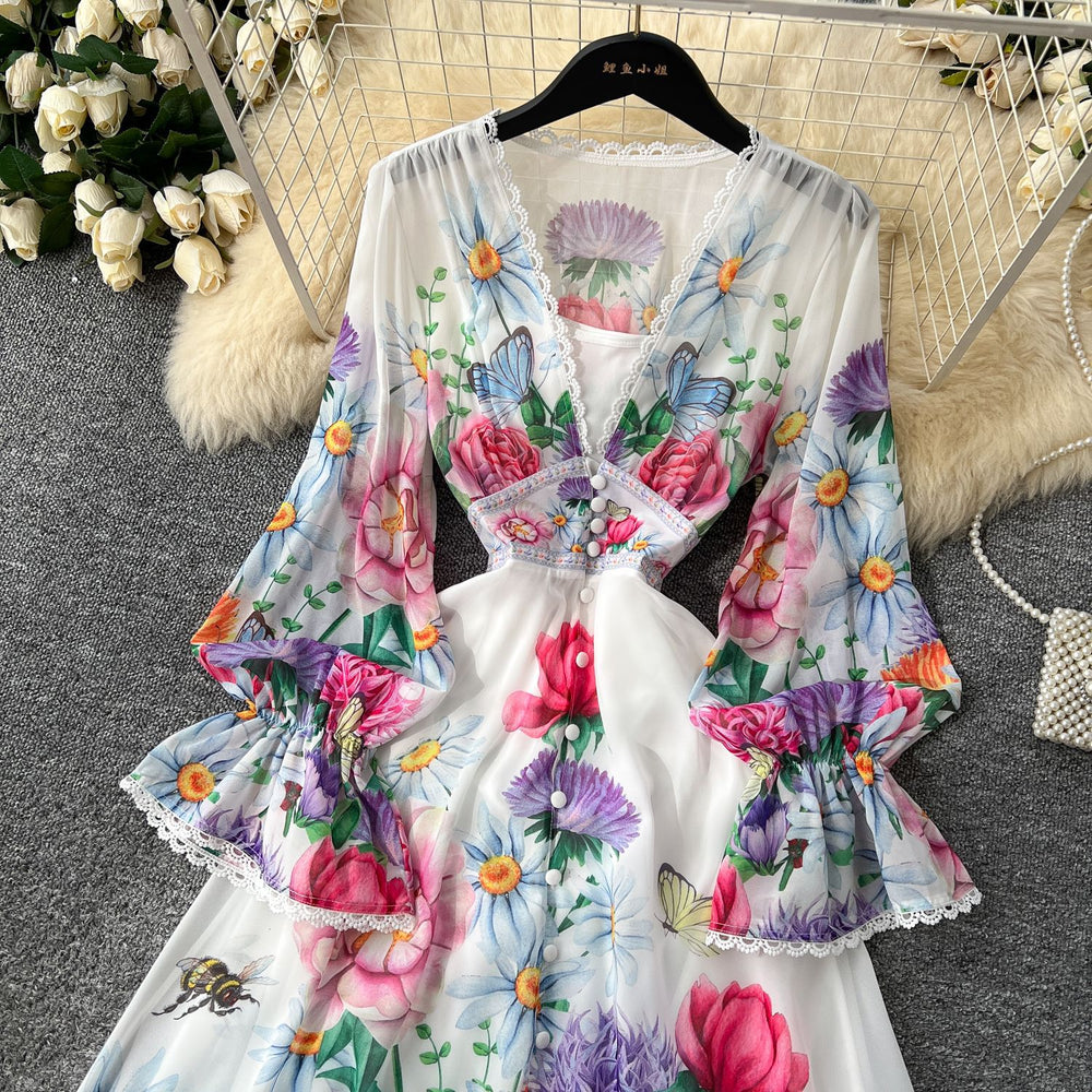 European and american niche resort style deep v-neck lace patchwork dress - women's high waist slimming ruffle hem printed maxi dress