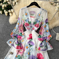 European and american niche resort style deep v-neck lace patchwork dress - women's high waist slimming ruffle hem printed maxi dress