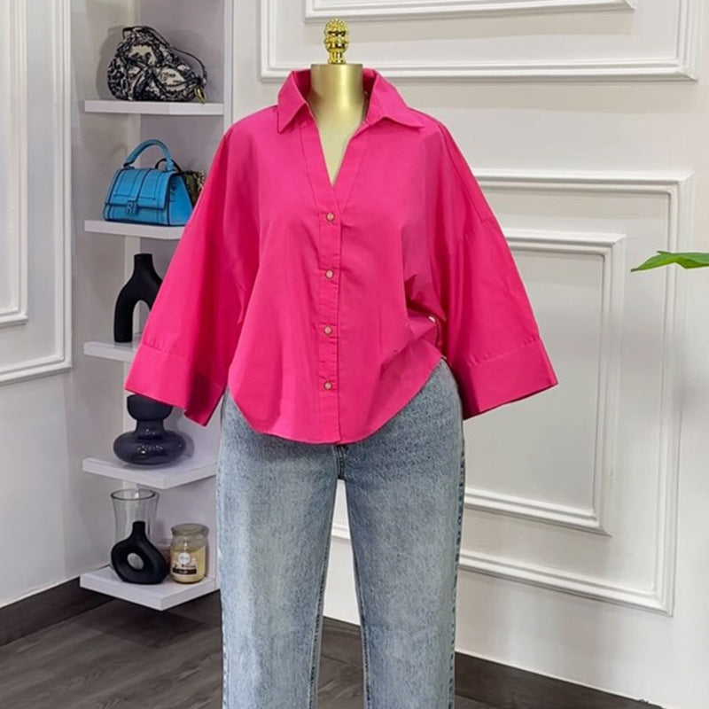 European and american cross-border women's fashion:  summer new arrival - stylish turn-down collar, loose fit, unique design, niche casual shirt top