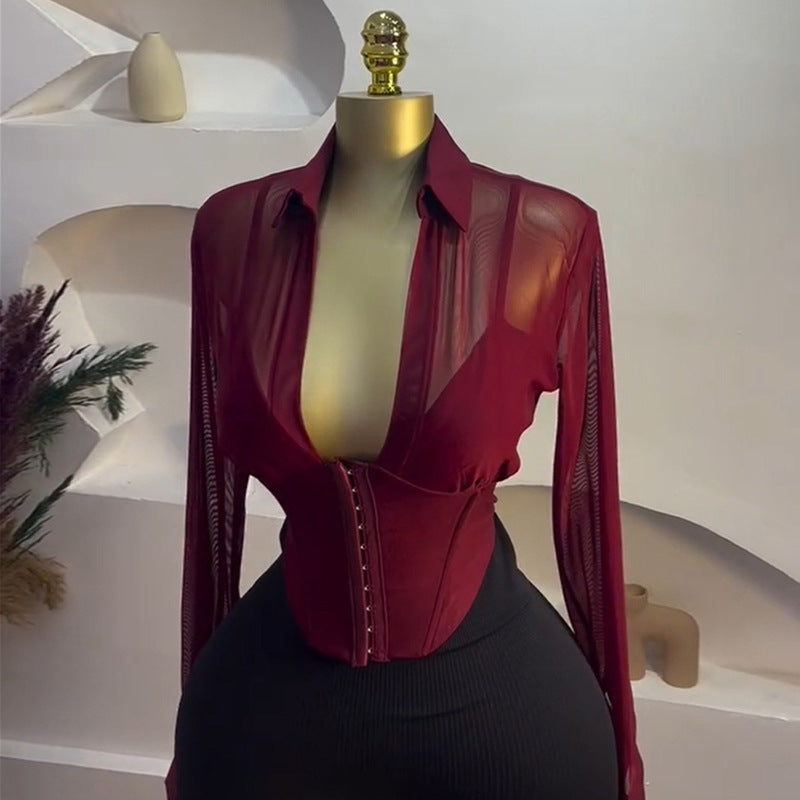 European and american cross-border women's fashion:  summer new arrival - elegant, designer-style, collared, cinched-waist, short, long-sleeved shirt top