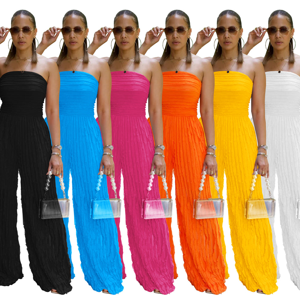 C7465 cross-border   fashion women's solid color loose casual wavy pattern jumpsuit new