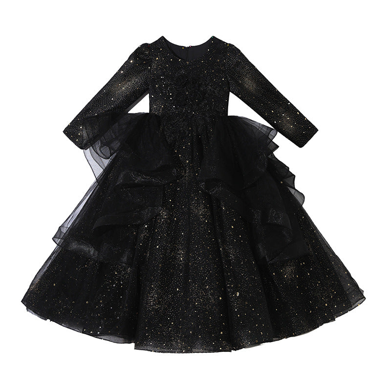 Ready-to-ship cross-border girls' evening gown, black flower girl dress, piano recital dress, little girl's hostess dress, performance princess dress