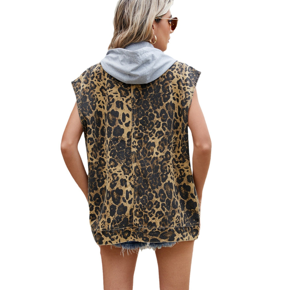 Fashion cross-border women's clothing   washed denim new arrivalloose leopard print printed vest vest tops