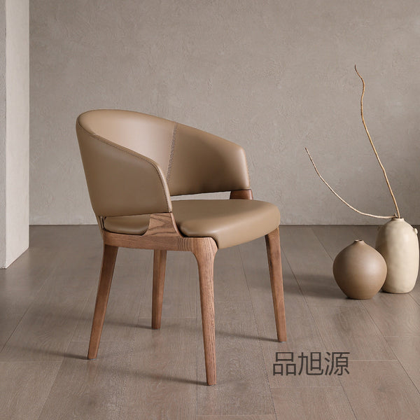 Nordic retro solid wood home dining chair walnut color high-end ash wood chair light luxury leather soft bag back chair