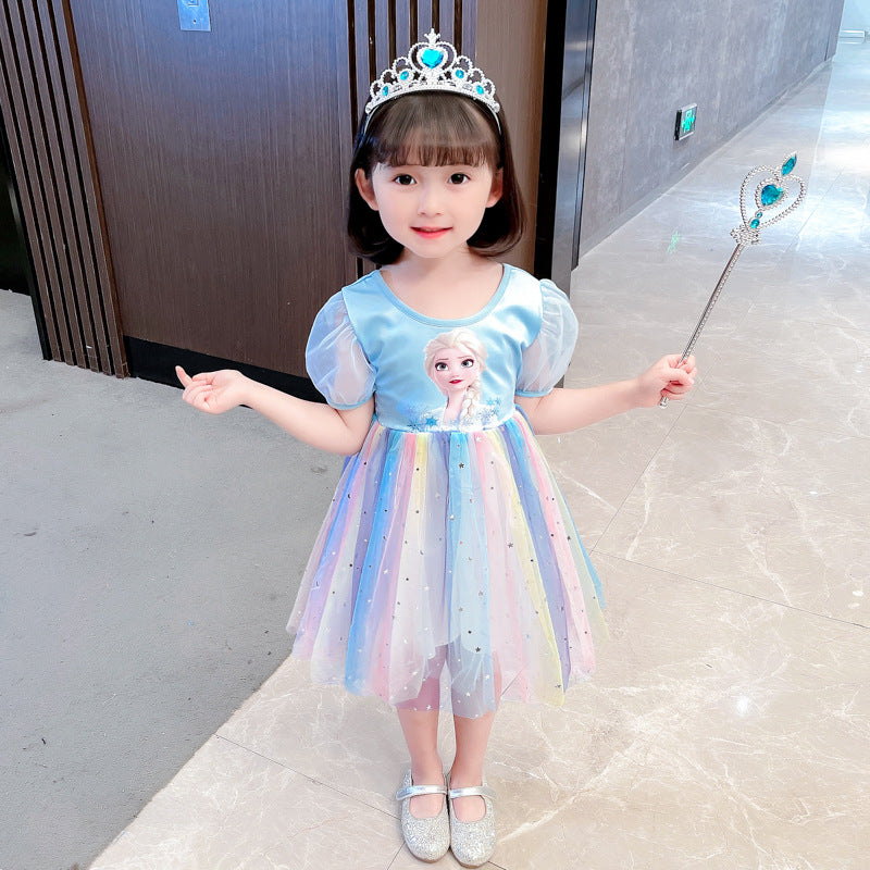 Girls' elsa princess dress - summer rainbow dress for kids - summer cotton elsa new style dress - korean style trendy baby dress