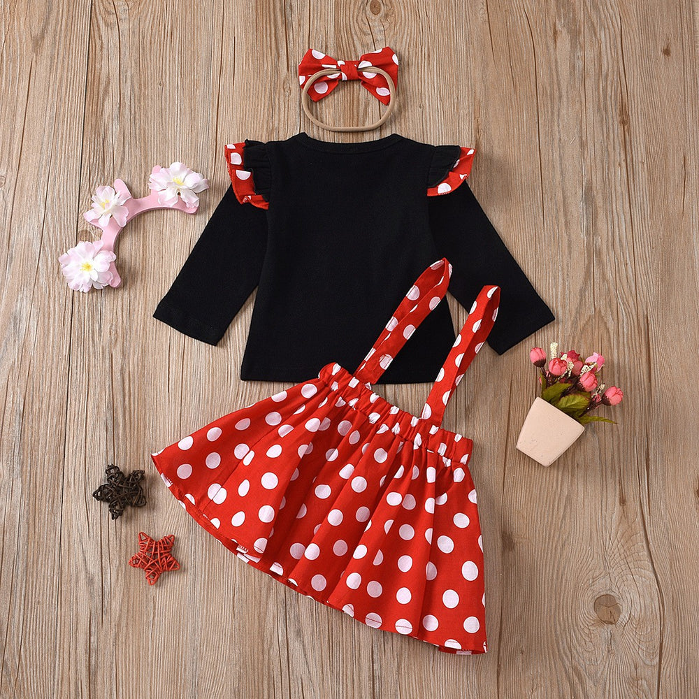 Best sellingpleated skirt kidsfall and winterlong sleeves cartoon polka dot suspender skirt children's clothing with hair tie 5t european and american girl suit