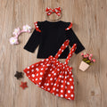 Best sellingpleated skirt kidsfall and winterlong sleeves cartoon polka dot suspender skirt children's clothing with hair tie 5t european and american girl suit