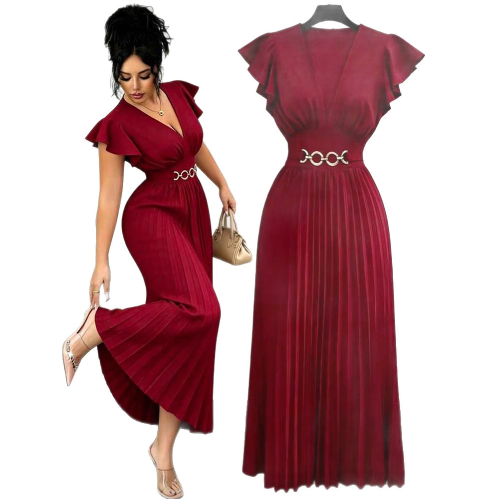 new v-neck ruffle sleeve solid color metallic embellished pleated design elegant long dress