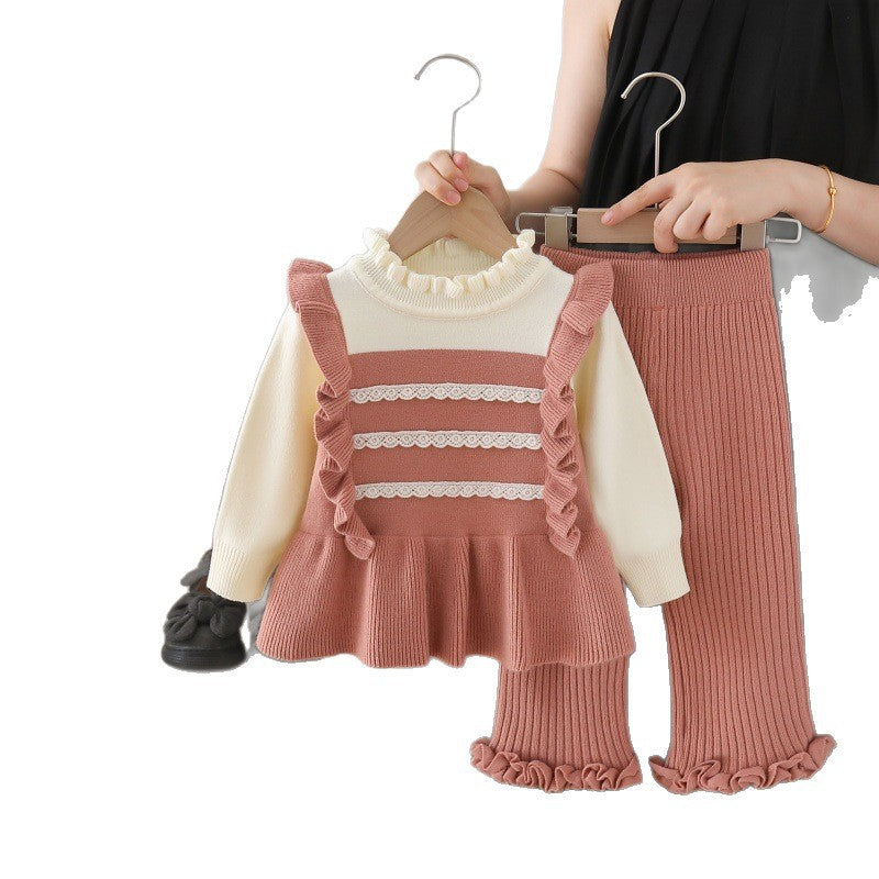 Girls' sweater round neck  new knitted two-piece set sweet and cute little girl pants outfit