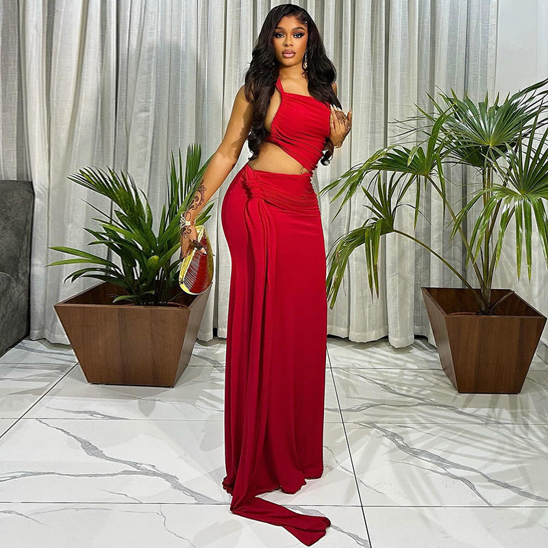 Fashion style export women's clothing silm asymmetrical pleated hip skirt one shoulder oblique collar tube toppure color long dress trendy