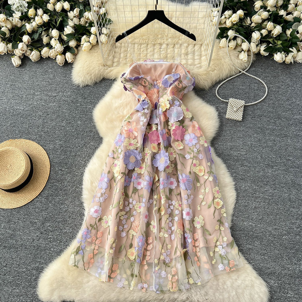 French high-end women's summer dress: exquisite 3d floral embroidery, cinched waist, slimming bandeau gown, long dress