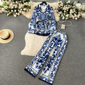 European and american retro chic position print tie-waist collared long sleeve top and high-waisted wide-leg straight pants set for women