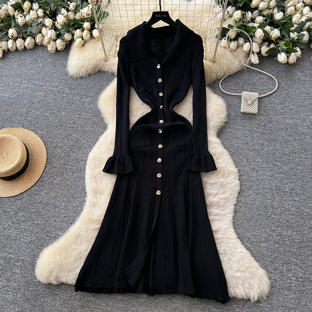 French chic knitted dress -  autumn/winter new arrival - high-end long sleeve, cinched waist, elegant dress