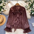 Korean style commute chic pink bow tie blouse - women's summer long sleeve ruffle trim loose fit solid color top