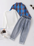 cross-border exclusive: trendy, playful, and energetic blue plaid shirt, jeans, and appliqué embroidered top three-piece set