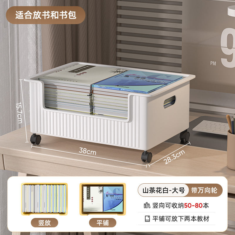 Under-desk book storage box with universal wheels - movable bookcase for students, classroom use, desktop book organizer, bookshelf