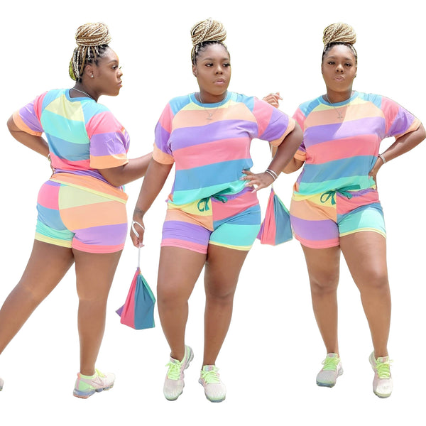 YZ1309 European and American  women's clothing casual color striped sports two-piece set spring and summer rubber band drawstring including bag